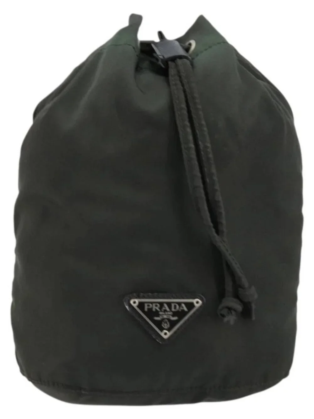 PRADA Drawstring Pouch Nylon Khaki Silver Auth bs34644